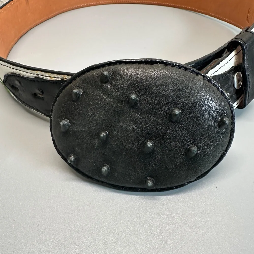Rodeo Belt White Black Embroidered Flowers Genuine Leather Women's Size US 8 37